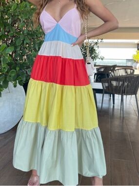 Colorblock Tiered Maxi Dress - Yellow, Blue, Beige, Orange, Pink